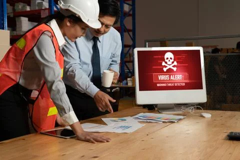 Virus warning alert on computer screen detected modish cyber threat Stock Photos