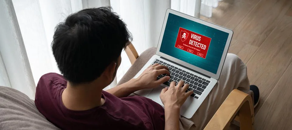 Virus warning alert on computer screen detected modish cyber threat Stock Photos