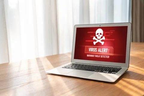 Virus warning alert on computer screen detected modish cyber threat Stock Photos