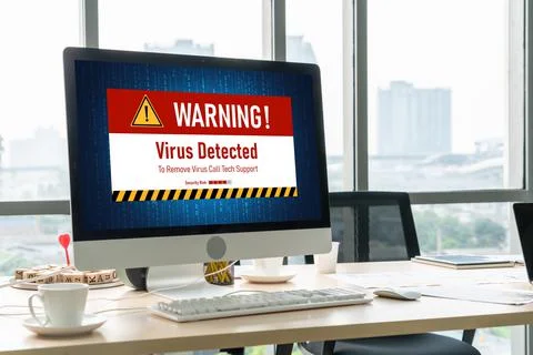 Virus warning alert on computer screen detected modish cyber threat Stock Photos