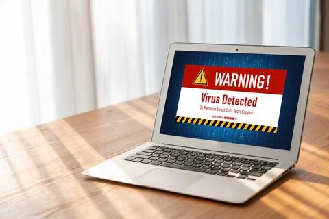 Virus warning alert on computer screen detected modish cyber threat Stock Photos