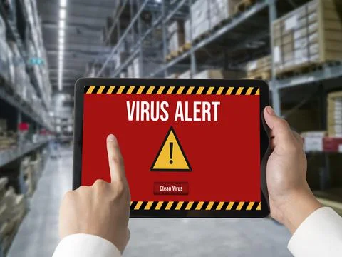 Virus warning alert on computer screen detected modish cyber threat Stock Photos