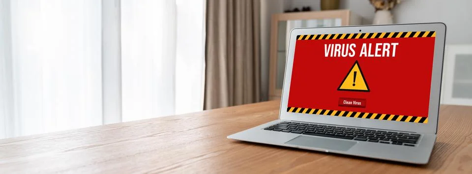 Virus warning alert on computer screen detected modish cyber threat Stock Photos