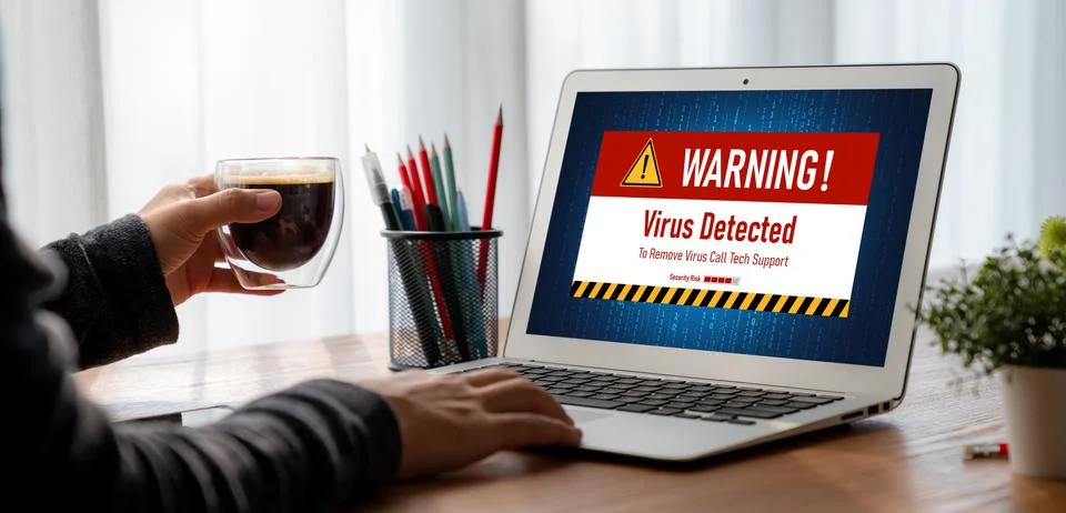 Virus warning alert on computer screen detected modish cyber threat Stock Photos