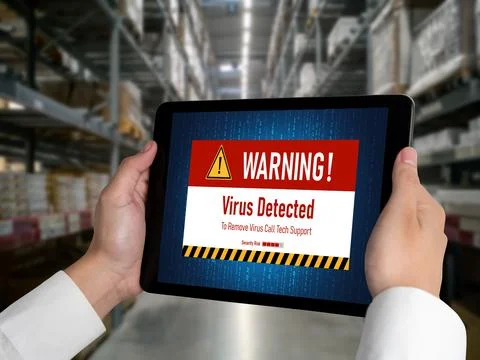Virus warning alert on computer screen detected modish cyber threat Foto stock