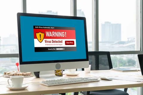 Virus warning alert on computer screen detected modish cyber threat 写真素材