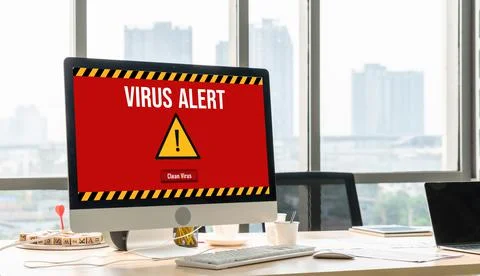 Virus warning alert on computer screen detected modish cyber threat Stock Photos