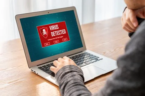 Virus warning alert on computer screen detected modish cyber threat Stock Photos