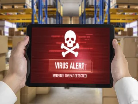 Virus warning alert on computer screen detected modish cyber threat Stock Photos