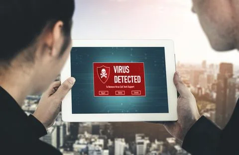 Virus warning alert on computer screen detected modish cyber threat Stock Photos