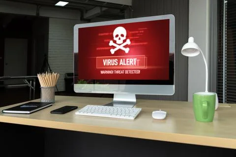Virus warning alert on computer screen detected modish cyber threat Stock Photos