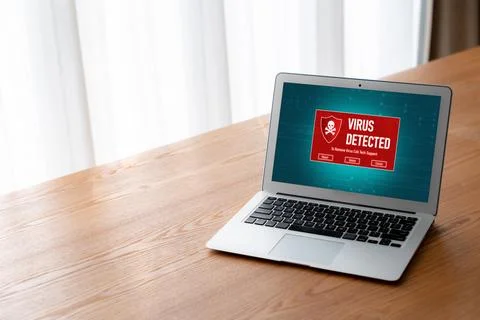 Virus warning alert on computer screen detected modish cyber threat Stock Photos