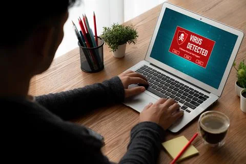 Virus warning alert on computer screen detected modish cyber threat Stock Photos