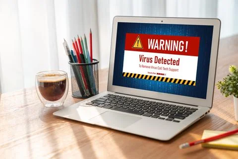 Virus warning alert on computer screen detected modish cyber threat Stock Photos