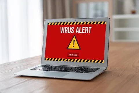 Virus warning alert on computer screen detected modish cyber threat Stock Photos