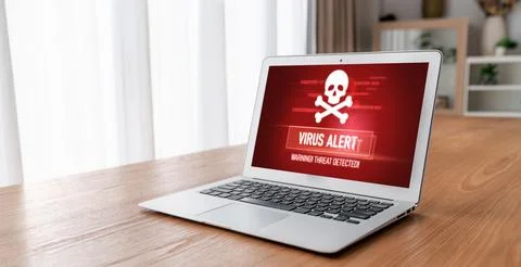 Virus warning alert on computer screen detected modish cyber threat Stock Photos