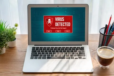 Virus warning alert on computer screen detected modish cyber threat Stock Photos