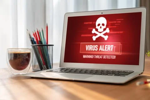Virus warning alert on computer screen detected modish cyber threat Stock Photos
