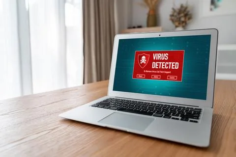 Virus warning alert on computer screen detected modish cyber threat Stock Photos