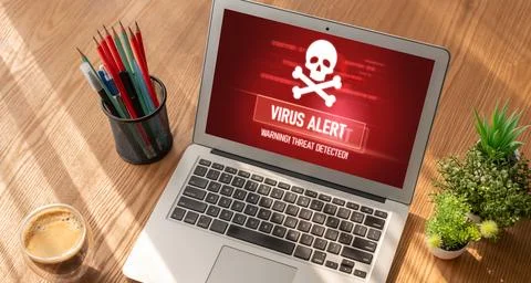 Virus warning alert on computer screen detected modish cyber threat Stock Photos