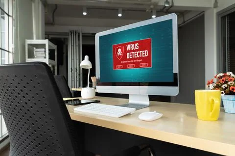 Virus warning alert on computer screen detected modish cyber threat Foto stock