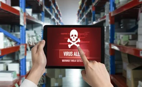 Virus warning alert on computer screen detected modish cyber threat Stock Photos