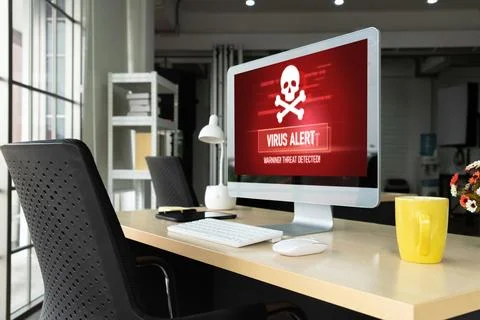 Virus warning alert on computer screen detected modish cyber threat Stock Photos