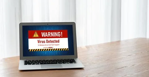 Virus warning alert on computer screen detected modish cyber threat Stock Photos