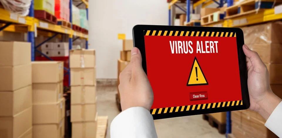 Virus warning alert on computer screen detected modish cyber threat Stock Photos