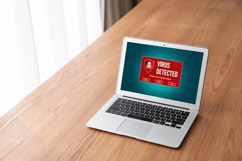 Virus warning alert on computer screen detected modish cyber threat Stock Photos