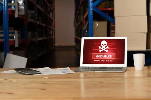 Virus warning alert on computer screen detected modish cyber threat Stock Photos