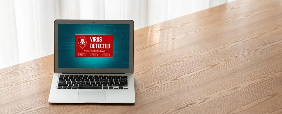 Virus warning alert on computer screen detected modish cyber threat Foto stock