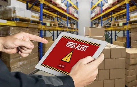 Virus warning alert on computer screen detected modish cyber threat Stock Photos