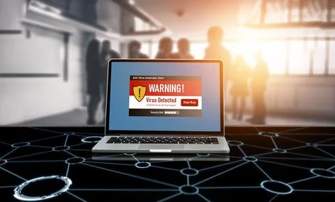 Virus warning alert on computer screen detected modish cyber threat Stock Photos