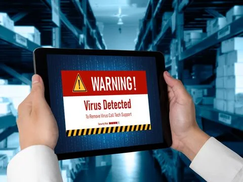 Virus warning alert on computer screen detected modish cyber threat Stock Photos