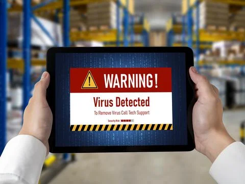 Virus warning alert on computer screen detected modish cyber threat Stock Photos
