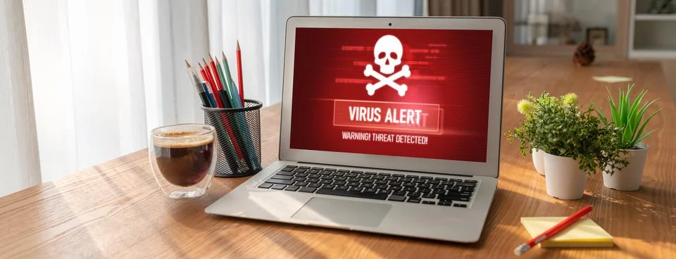 Virus warning alert on computer screen detected modish cyber threat Stock Photos