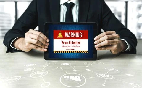 Virus warning alert on computer screen detected modish cyber threat Stock Photos