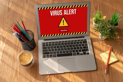 Virus warning alert on computer screen detected modish cyber threat Stock Photos