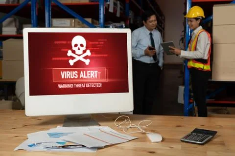 Virus warning alert on computer screen detected modish cyber threat Stock Photos