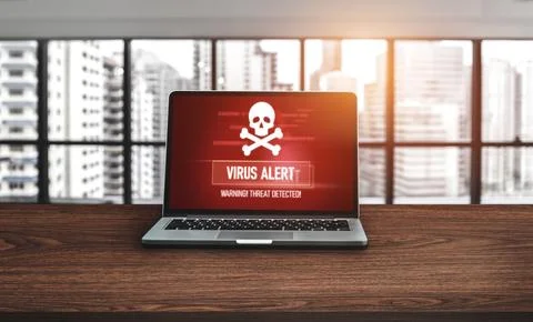 Virus warning alert on computer screen detected modish cyber threat Stock Photos