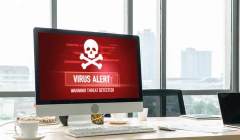 Virus warning alert on computer screen detected modish cyber threat Stock Photos