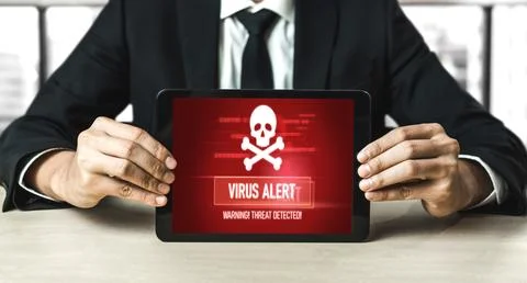 Virus warning alert on computer screen detected modish cyber threat Stock Photos
