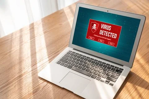 Virus warning alert on computer screen detected modish cyber threat Stock Photos
