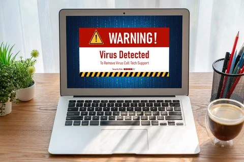 Virus warning alert on computer screen detected modish cyber threat Stock Photos