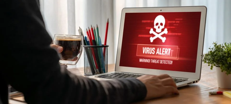 Virus warning alert on computer screen detected modish cyber threat Stock Photos