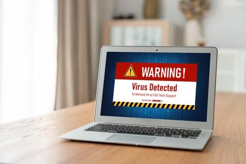 Virus warning alert on computer screen detected modish cyber threat Stock Photos