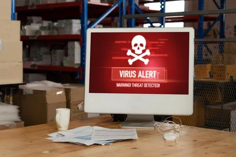 Virus warning alert on computer screen detected modish cyber threat Stock Photos