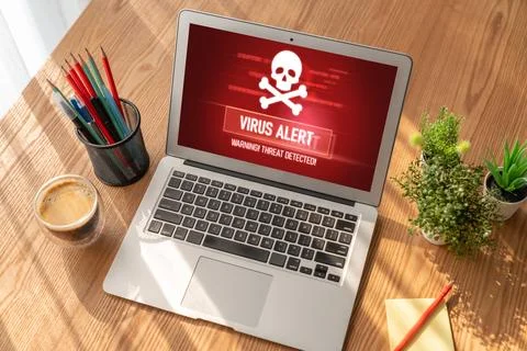 Virus warning alert on computer screen detected modish cyber threat Stock Photos