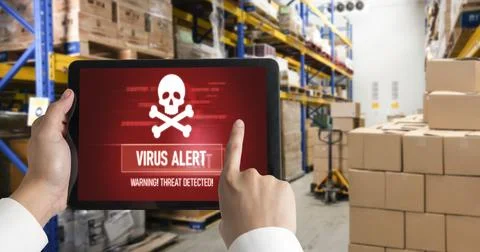 Virus warning alert on computer screen detected modish cyber threat Stock Photos